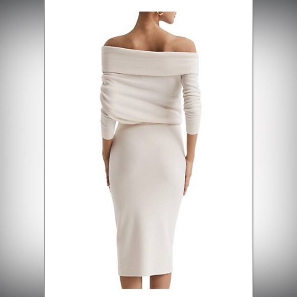 Reiss Sutton Wool blend off the shoulder cream midi dress size L - Picture 4 of 10